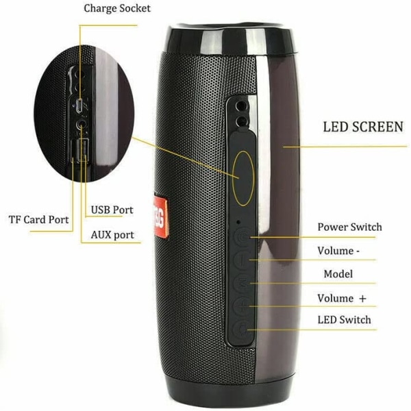Trådlös Bluetooth högtalare med hög utomhusbas, FM-radio med LED-lampor (svart)