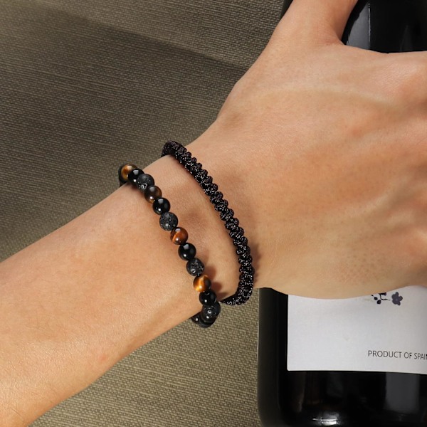 Naturliga Pärl Armband för Män Pojkar - 6mm Tigeröga Obsidian Lava Pärlor Herrar Armband Set för Par - Julgåvor Födelsedagspresenter