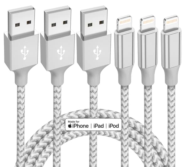 iPhone-lader 3-pakning, 3 m Lightning Nylonflettet kabel Hurtiglading, Slitesterk Apple-ladekabel