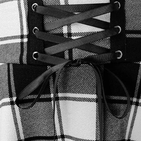 Naisten joustava korkeavyötäröinen ruudullinen laskoshame, paneelillinen solmio A-linjainen lyhyt minihame (mustavalkoinen, L)