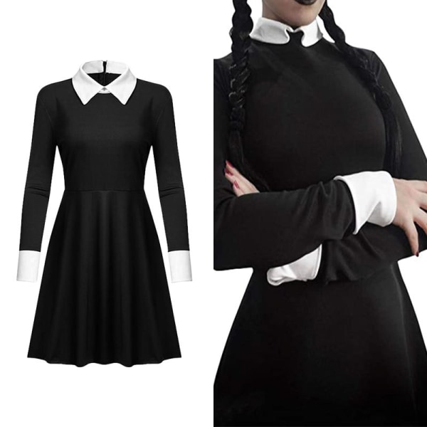 Addams Family Cosplay Kostume Halloween Wednesday Addams Sort Kjole (M)