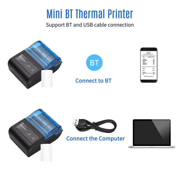 Bärbar mini thermal skrivare 2 tum trådlös USB biljettskrivare Lägg till 58 mm papper kompatibelt med Ios Android Windows