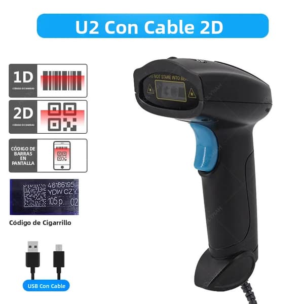 U2 Kablet 1D/2D Stregkodelæser (Blå Knap), Bærbar Stregkodelæser, Bluetooth-forbindelse, 2D Trådløs Scanner, Håndholdt 1D Stregkodelæser U2 Wired 2D