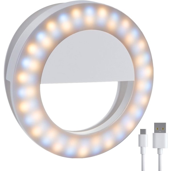 1-delad Selfie-ringlampa, [3 ljuslägen] [uppladdningsbar] med LED-lampor med dubbla rader, 4 nivåklämmor på mini små cirkelljus kompatibel med iPhone 1