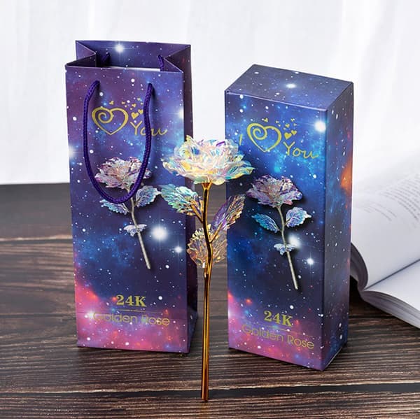 24K guldpläterade silverrosor med bas, presentförpackning för Alla hjärtans dag och Mors dag, guldblommor, heminredning. E