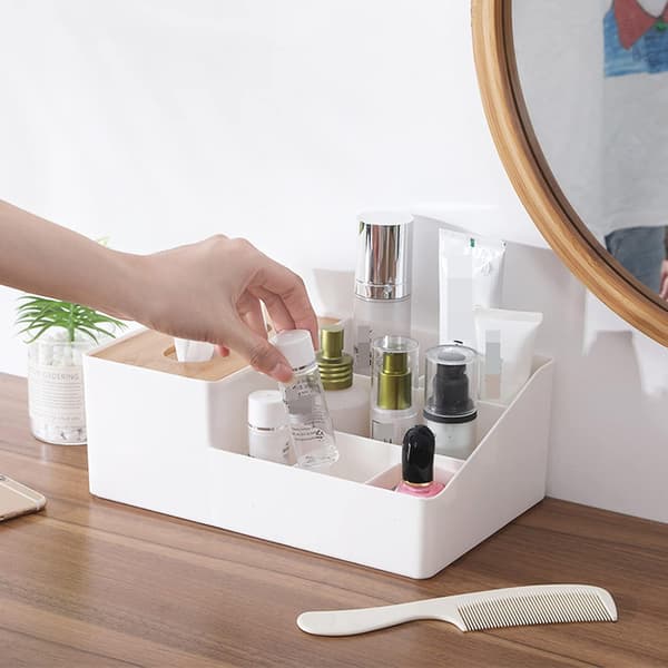 Sminkförvaring, Kosmetikförvaringslåda med Bambu Tissue Box Badrumsförvaring för Sovrum Kontor 27,3*17,4*10,3 CM (Vit) A