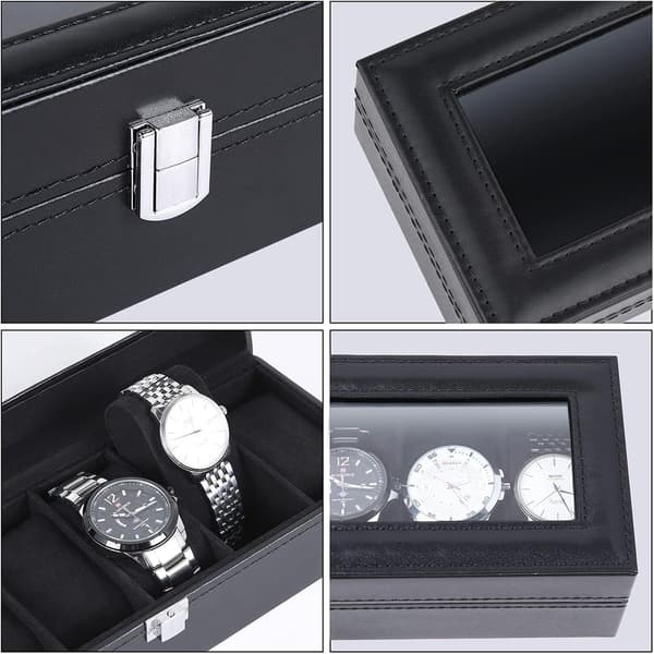 Klockbox 6-bitars fönster PU läder klockdisplay förvaringsbox version läder klockkudde klockbox svart