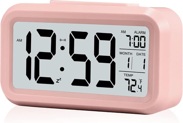 Digital väckarklocka, batteridriven liten bordsklocka, med datum, inomhustemperatur - Rosa