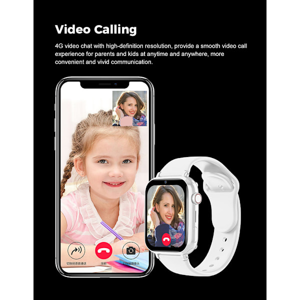 Lasten 4G älykello SOS GPS -paikannus seuranta SIM-kortti videopuhelu WiFi-chat kamera taskulamppu - Valkoinen White
