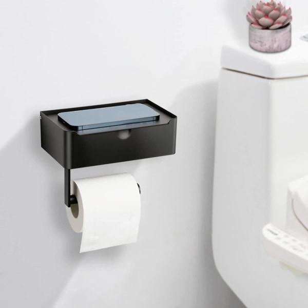 Toalettpappershållare med spolbara våtservetter Dispenser Förvaring och telefonhylla, väggmonterad toalettrulle Black
