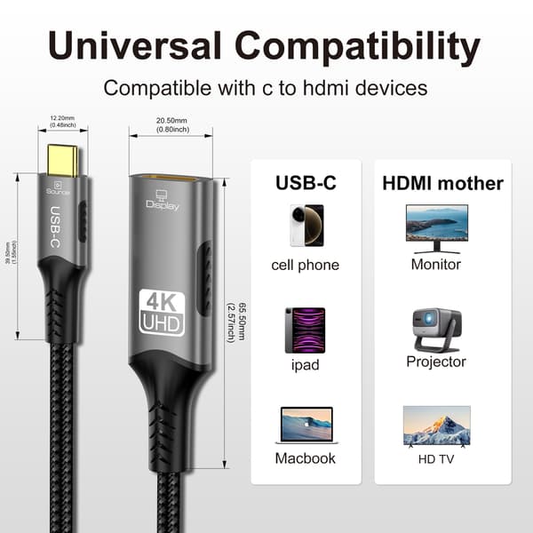 1M USB C til HDMI 4K-kabel, flettet Type-C til HDMI-adapter kompatibel med Thunderbolt 5/4/3, til telefon, bærbar computer, tablet 1M