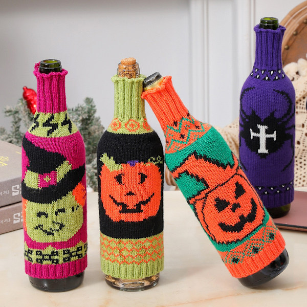 Halloween Flaskhölster Pumpa Skalle Stickad Rödvin Champagne Flaska Väska Atmosfär Dekoration Bottle Cover [Black Soul Style