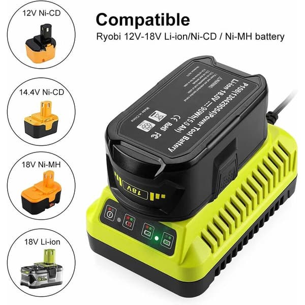 Erstatningsbatterioplader, kompatibel med 12V-18V lithium-nikkelbatterier, universaloplader til Ryobi-værktøj