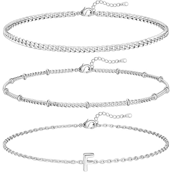 3 st. Vitguld Initialarmband för Kvinnor Smalt 14K Guld Armband Stack Letter Link Charm A-Z Monogram Armband Anti-Missfärgning Smycken