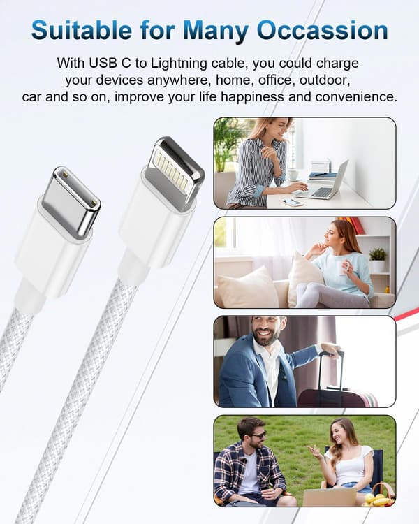 2 metrin USB-C–Lightning-datakaapeli, pikalataus, kestävä nailonpunottu kaapeli, yhteensopiva laitteiden kanssa.
