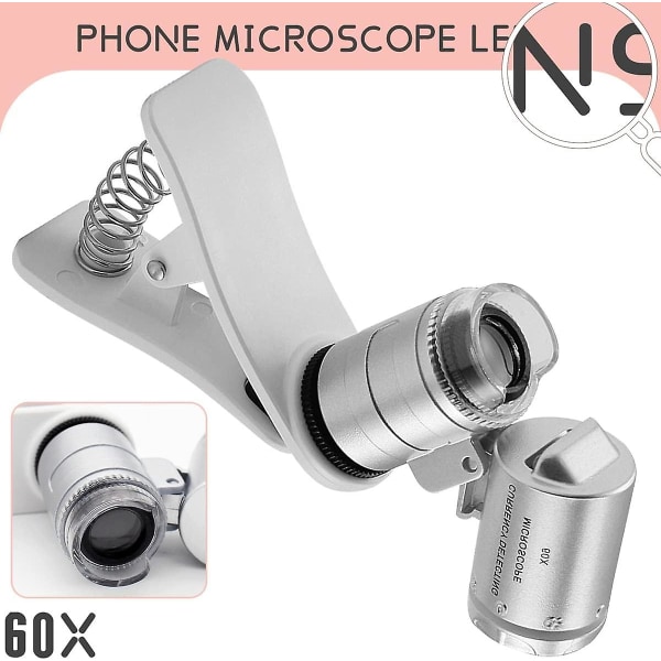 60x clip-on mikroskop forstørrelsesglas linse med led lys Juveler lup til Iphone, Samsung og flere mobiltelefoner (universal)