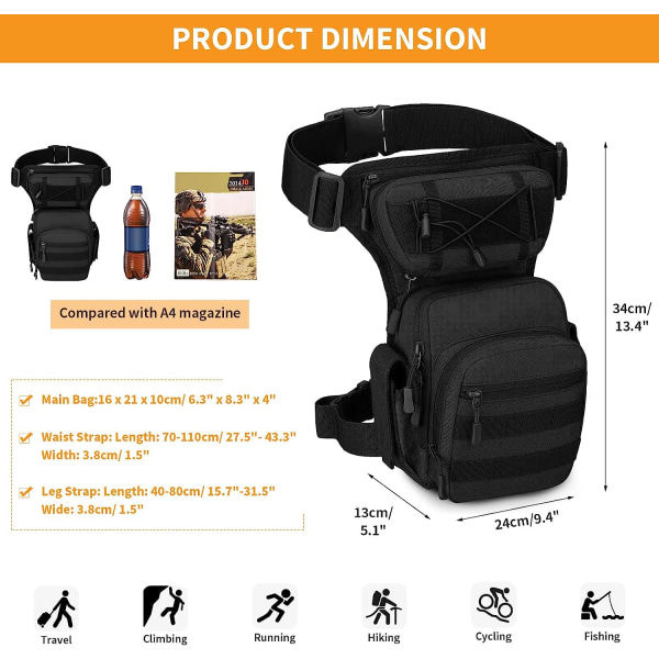 Benväska Lårväska Taktisk Militär Molle Multifunktionsväska för Vandring Camping Klättring Resa Motorcykel Cykling Jakt, Svart