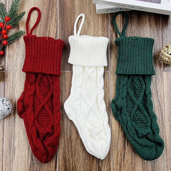 Små 37 cm julstrumpor i stickad ull, godispåse med diamantmönster, julklappspåse Red