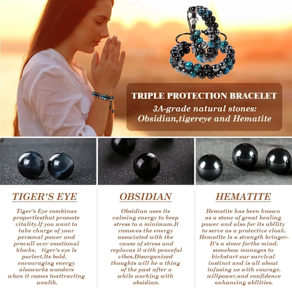 Triple Protection Armbånd - til Beskyttelse & Balance - Tigerøje Hæmatit & Sort Obsidian Smykker Natursten Healing Armbånd