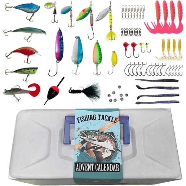 Advent Calendar Predatory Fish 2024 with Rubber Baits and Matching Hooks, Fishing Bait Set Advent Calendar 2024 Fishing Accessories, 24 Days Countdown