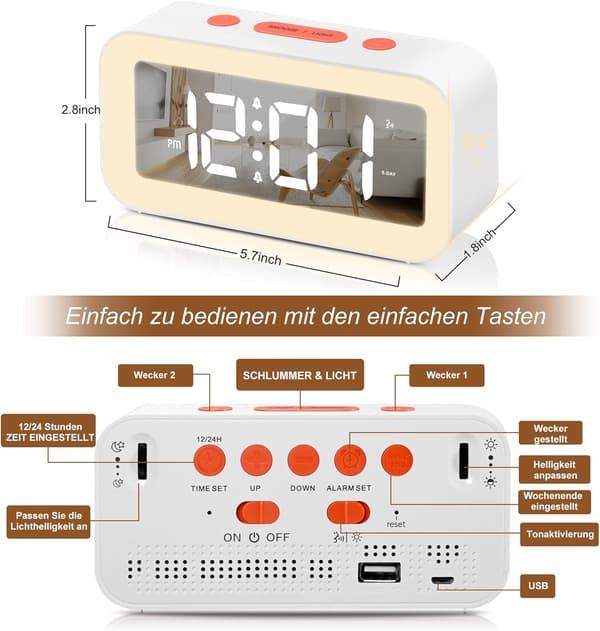 Digital väckarklocka, LED digital klocka med justerbart nattljus Snooze 12/24 timmar USB Sovrum Säng Vit