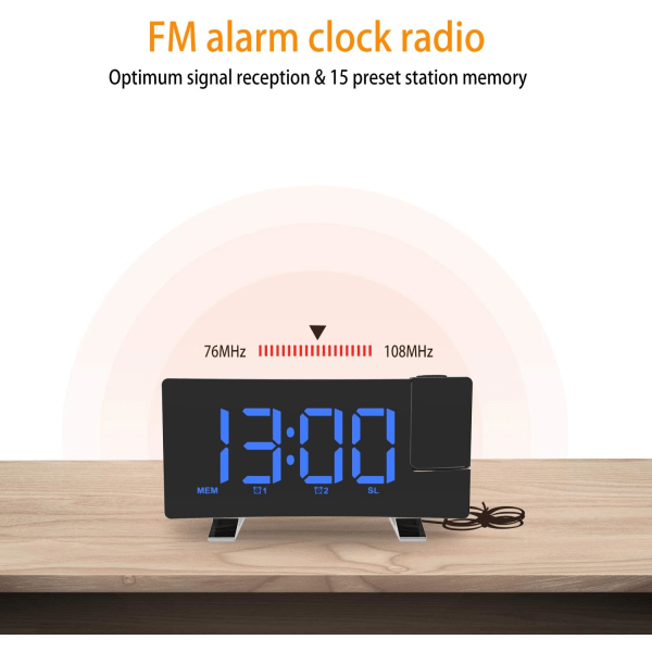 Projektionsurradio, 180° loftprojektionsvækkeur, USB FM digitalt ur med dobbelte alarmer, dvaletimer, 12/24 timer, (blå)