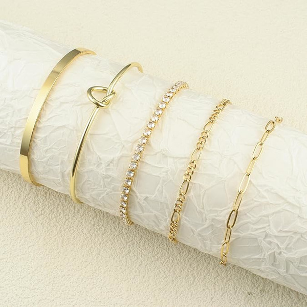 Guld Armbånd til Kvinder Stack 14K Ægte Guldbelagt Bangle Manschet Armbåndssæt Guld Perle Tennis Paperclip Cuban Link Kæde Armbånd til Kvinder