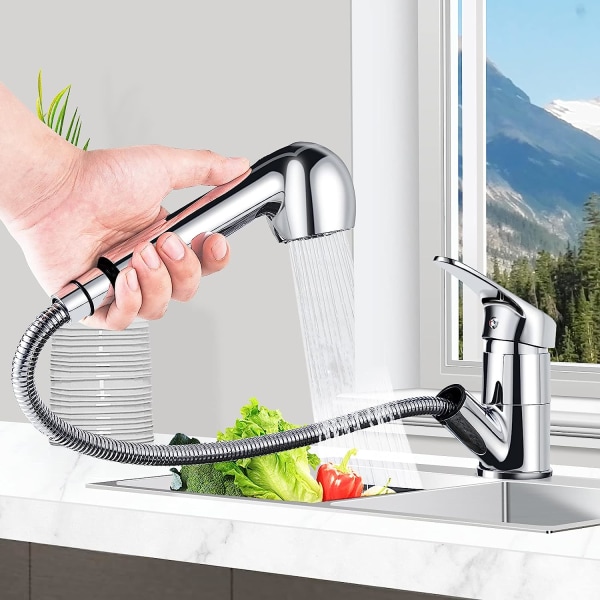 Utdragbar köksblandare, köksblandare och utdragbar dusch med två vattenutloppslägen. Köksblandaren kan rotera 360° lämpligt