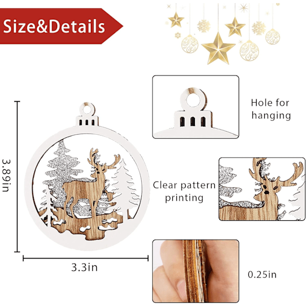 Vinterland Ornament för Julgran - 6-pack Julgranspynt i Trä för Vinterjul