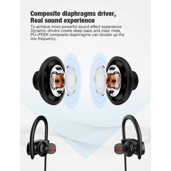 Bluetooth hörlurar, trådlösa hörsnäckor IPX7 vattentäta sporthörlurar 10H speltid med mikrofon HD Stereoljud Svetttäta in-ear hörlurar Noise Cancellin