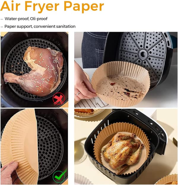 Rund bakepapir til airfryer, engangs, non-stick, vanntett, for 3,5-5,5L airfryere
