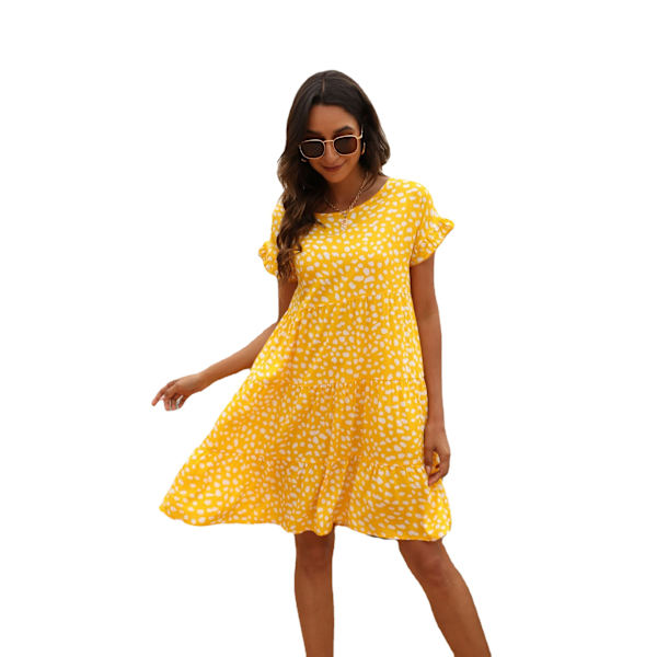Kvindes Rufflet Boho Blomster Polka Dot Babydoll Løstsiddende Swing Casual Kort Mini Kjole (Gul, M)