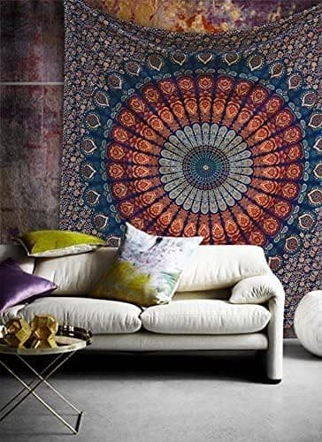Tapestry - Bohemsk Psykedelisk Gull Blå Påfugl Mandala Veggteppe (Gull Blå)