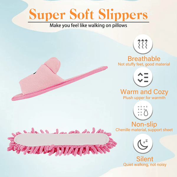 1 par vaskbare moppe tøfler sko mikrofiber chenille genanvendelig støv snavs Hårrens til kontorhus poleringsrengøring (pink)