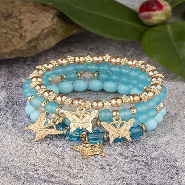 4 stk. Bohemian Butterfly Krystal Steng Armbånd til Kvinder Guld Perle Stabelbar Stræk Armbånd Farverig Charm