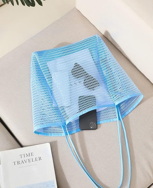 Mesh Strandtasker til Kvinder, Store Afslappede Strand Hobo Tasker til Strand Svømmebassiner Strand Essentials Blå Blå-14519