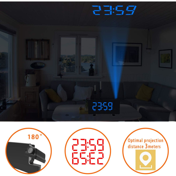 Projektionsur med radio, 180° loftprojektion vækkeur, USB FM digitalt ur med dobbelt alarm, søvntimer, 12/24h, (Blå)
