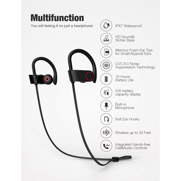 Bluetooth-kuulokkeet, langattomat nappikuulokkeet IPX7 vedenkestävät urheilukuulokkeet 10 tunnin soittoaika mikrofonilla HD-stereosoundi hikoilunkestävä in-ear-kuulokkeet melunvaimennus