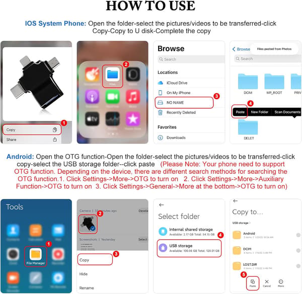 OTG USB 3 til Universal Adapter, Micro/USB C til USB 3.0 Adapter, Kompatibel med Mobiltelefon/Datamaskin, Støtter USB-minnepinne, Kortleser,-319