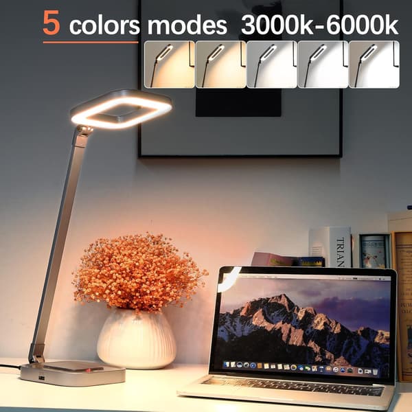 Multifunktionel LED-skrivebordslampe med 10W hurtig trådløs oplader med RGB-ambientebelysning