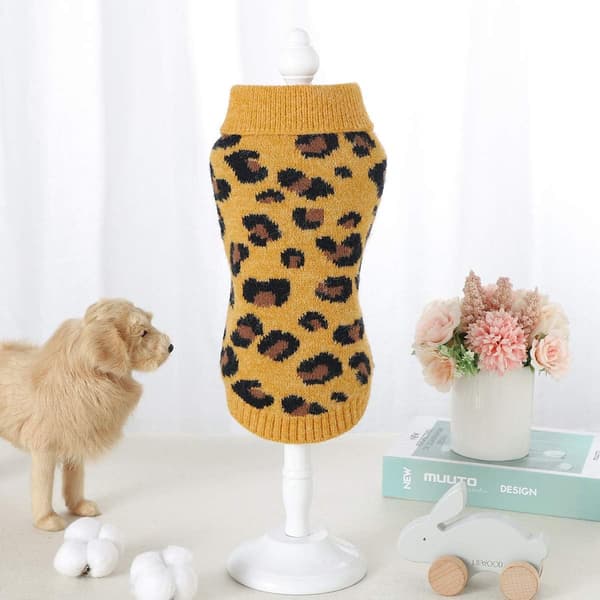 Vinterstickad hundtröja leopardmönster gul, 10330