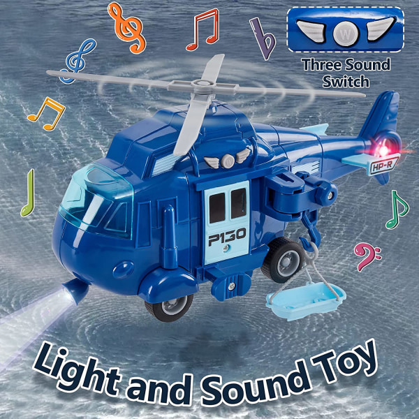 Äänet ja valot leluhelikopteri pyörivällä potkurilla ja pelastuskorilla kitkaleluauton lapsi poika tyttö 3 vuotta+