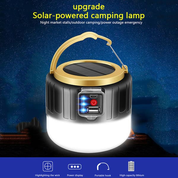 Oppladbart campinglys, solcelleoppladbart LED-lys, oppladbart trådløst lys, IPX6 vanntett, 3 hastigheter (svart)