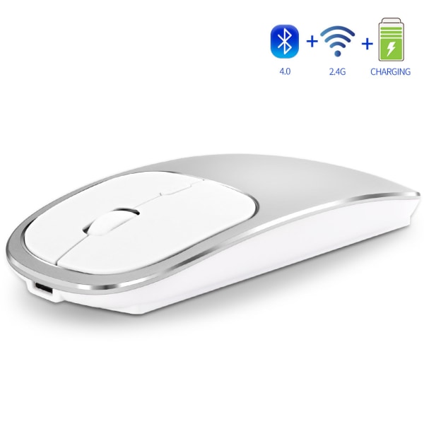 Genopladelig 2,4 GHz trådløs Bluetooth-mus, støjfri klik-dobbelttilstand, kompatibel med bærbar computer, pc, MacBook (sølvfarvet)