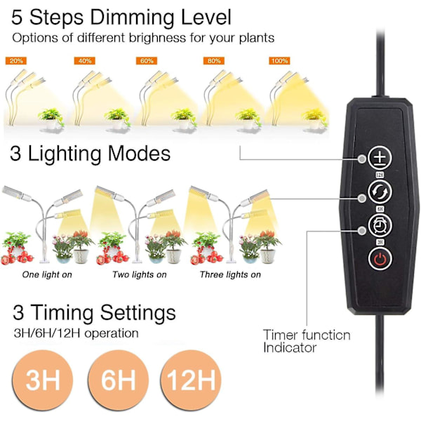 Plantelys, 3/6/12 timers automatisk tænd/sluk, 156 LED'er sollignende fuldspektrum vækstlys, lampe til indendørs planter