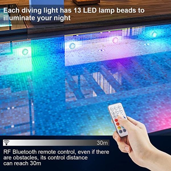 Nedsänkbart LED-ljus, 16 färger undervattensljus, 13 LED-pärlor poollampa med RF-fjärrkontroll, vattentät badkarslampa för vas, dekorationer (1 st)