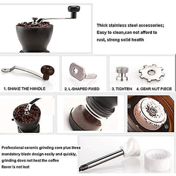 Manuell kaffekvarn med keramiska grader, kaffebehållare Kapacitet: 12 Oz350 ml, svart, med handtag i rostfritt stål och kiselvik