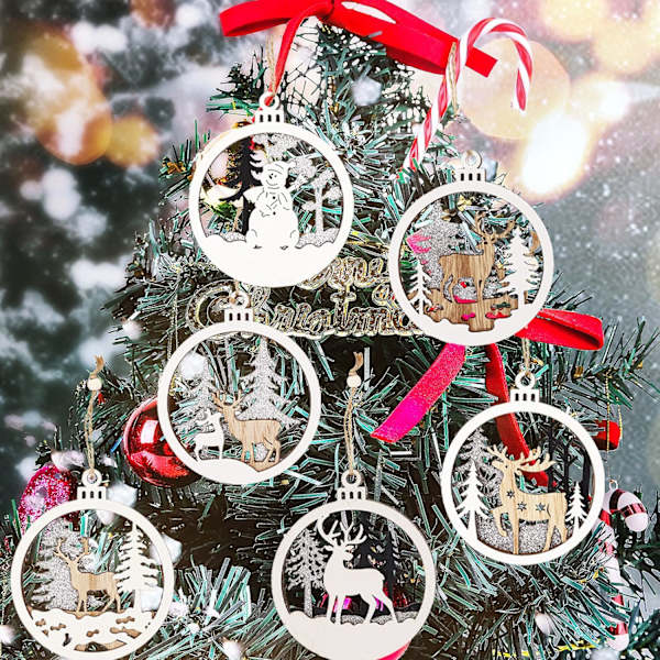 Vinterland Ornament för Julgran - 6-pack Julgranspynt i Trä för Vinterjul