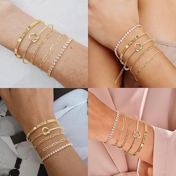 Guld Armbånd til Kvinder Stack 14K Ægte Guldbelagt Bangle Manschet Armbåndssæt Guld Perle Tennis Paperclip Cuban Link Kæde Armbånd til Kvinder