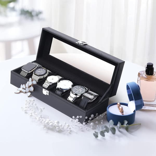 Klockbox 6-bitars fönster PU läder klockdisplay förvaringsbox version läder klockkudde klockbox svart